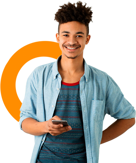 Homem com marca da agência na seção de Atendimento