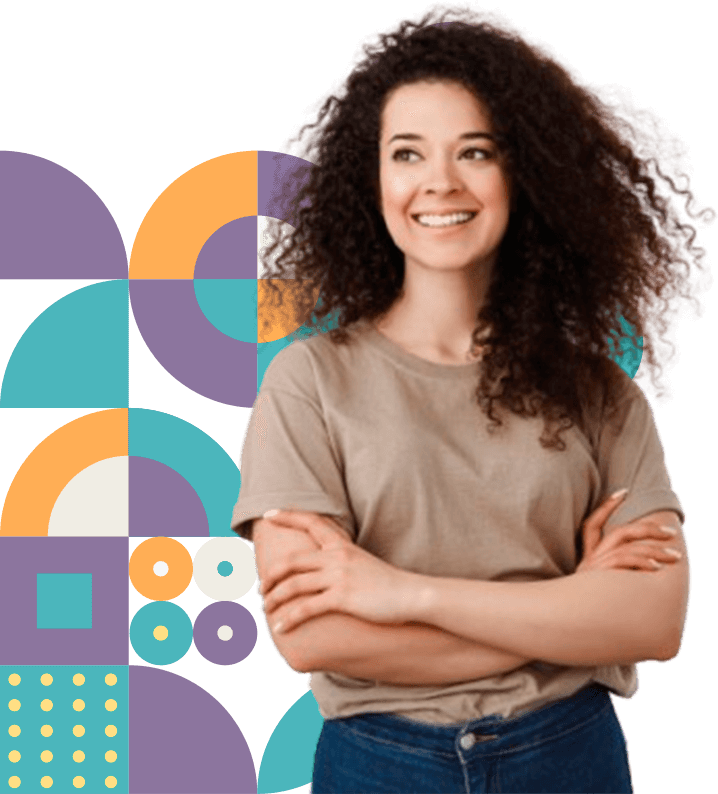 Mulher com fundo em mosaico com as cores da Agência Acerte